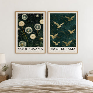 Dandelion and Crane Prints Set of 2 hung at eye level above a bed in a calm bedroom: Dandelion Serenity and Golden Cranes II shown framed side by side (frames not included)