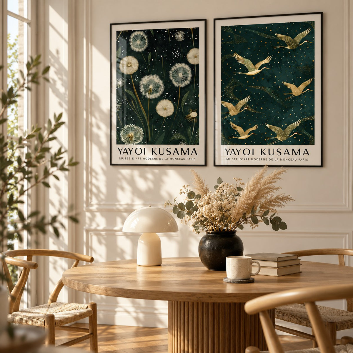 Dandelion and Crane Prints Set of 2 styled above a round fluted oak dining table with a mushroom lamp: Dandelion Serenity and Golden Cranes II shown framed side by side (frames not included)