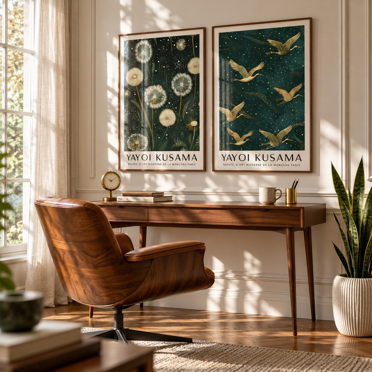 Dandelion and Crane Prints Set of 2 styled above a walnut desk with a cognac leather chair in a mid-century study: Dandelion Serenity and Golden Cranes II shown framed side by side (frames not included)