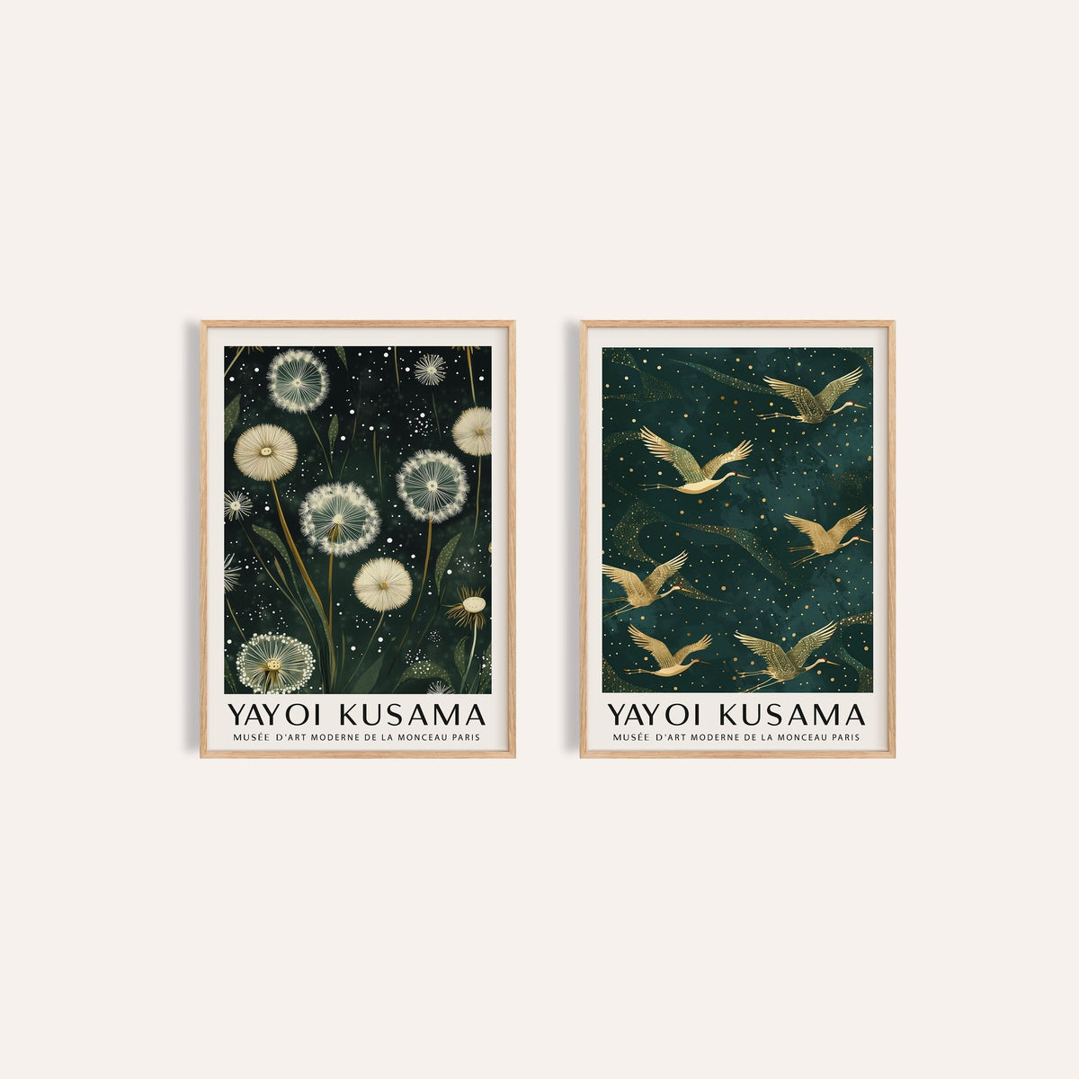 Dandelion and Crane Prints Set of 2: Dandelion Serenity and Golden Cranes II side by side, two separate unframed prints