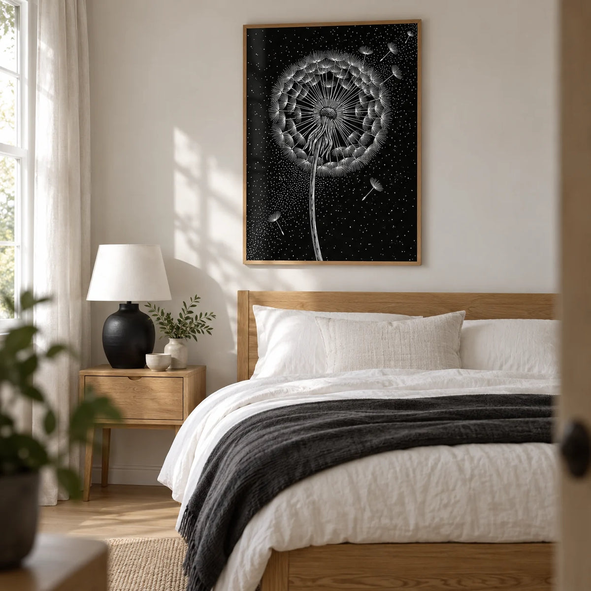 Dandelion Poster, framed on the wall of a calm modern bedroom in a UK home with a soft white wall and pale oak floor
