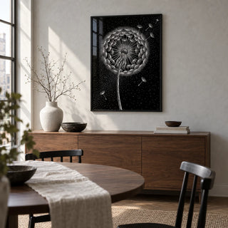 Dandelion Poster, framed on the wall of a design-led dining room in a city flat with a pale grey plaster wall