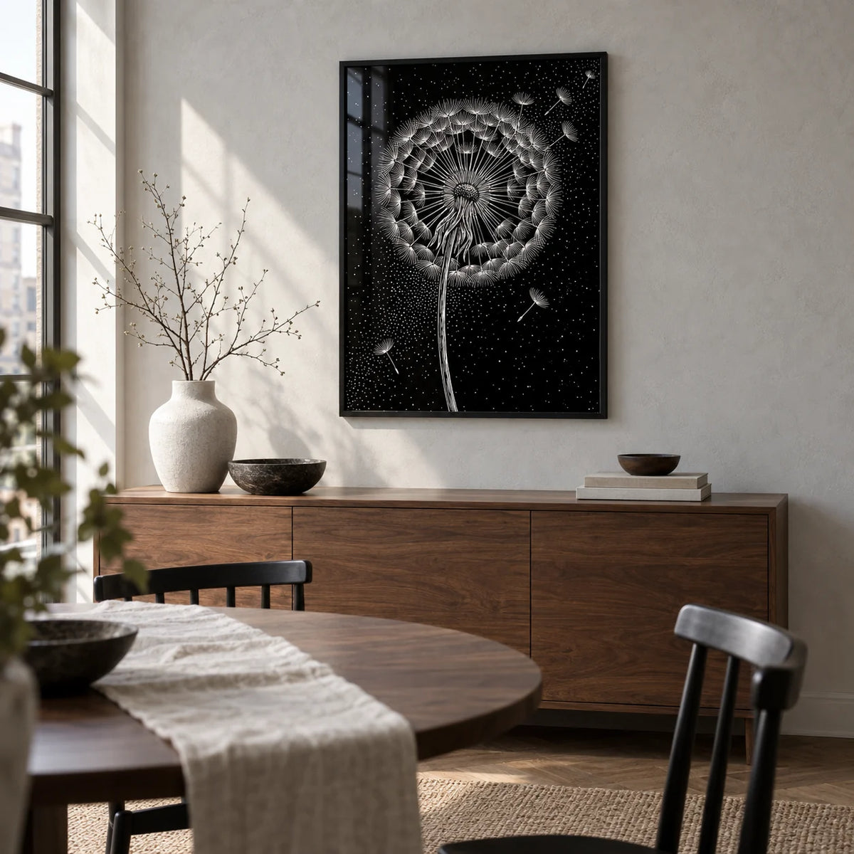 Dandelion Poster, framed on the wall of a design-led dining room in a city flat with a pale grey plaster wall