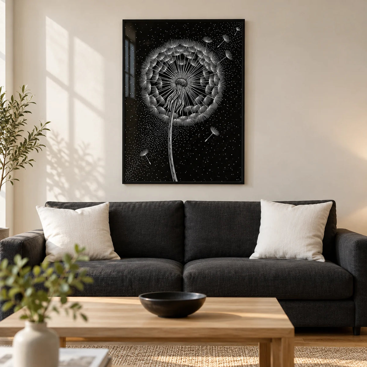 Dandelion Poster, framed on the wall of a modern living room in a UK terraced house with a warm white wall and oak floor