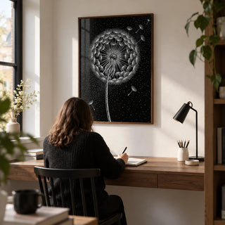 Dandelion Poster, framed on the wall of a quiet modern home study in a UK flat with an off-white wall and a built-in walnut desk