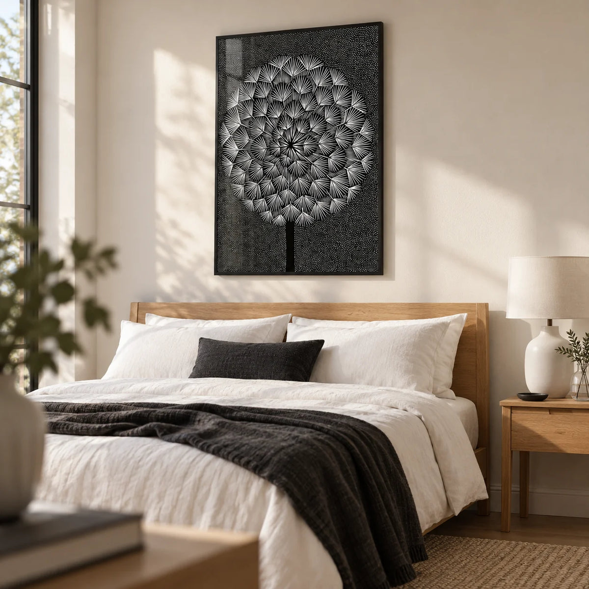Dandelion Wall Print, framed on the wall of a calm modern bedroom with a warm white wall