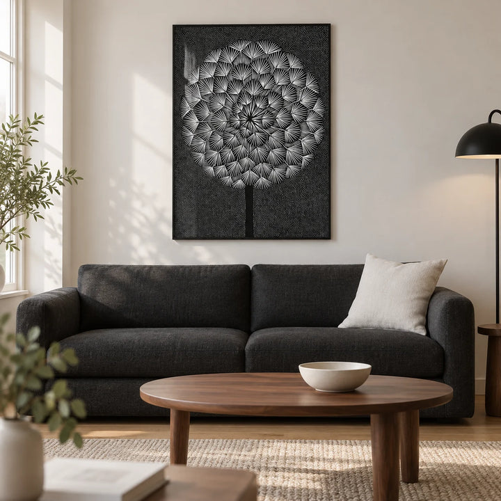 Dandelion Wall Print, framed on the wall of a modern living room in a UK city flat with a soft white wall and oak floor