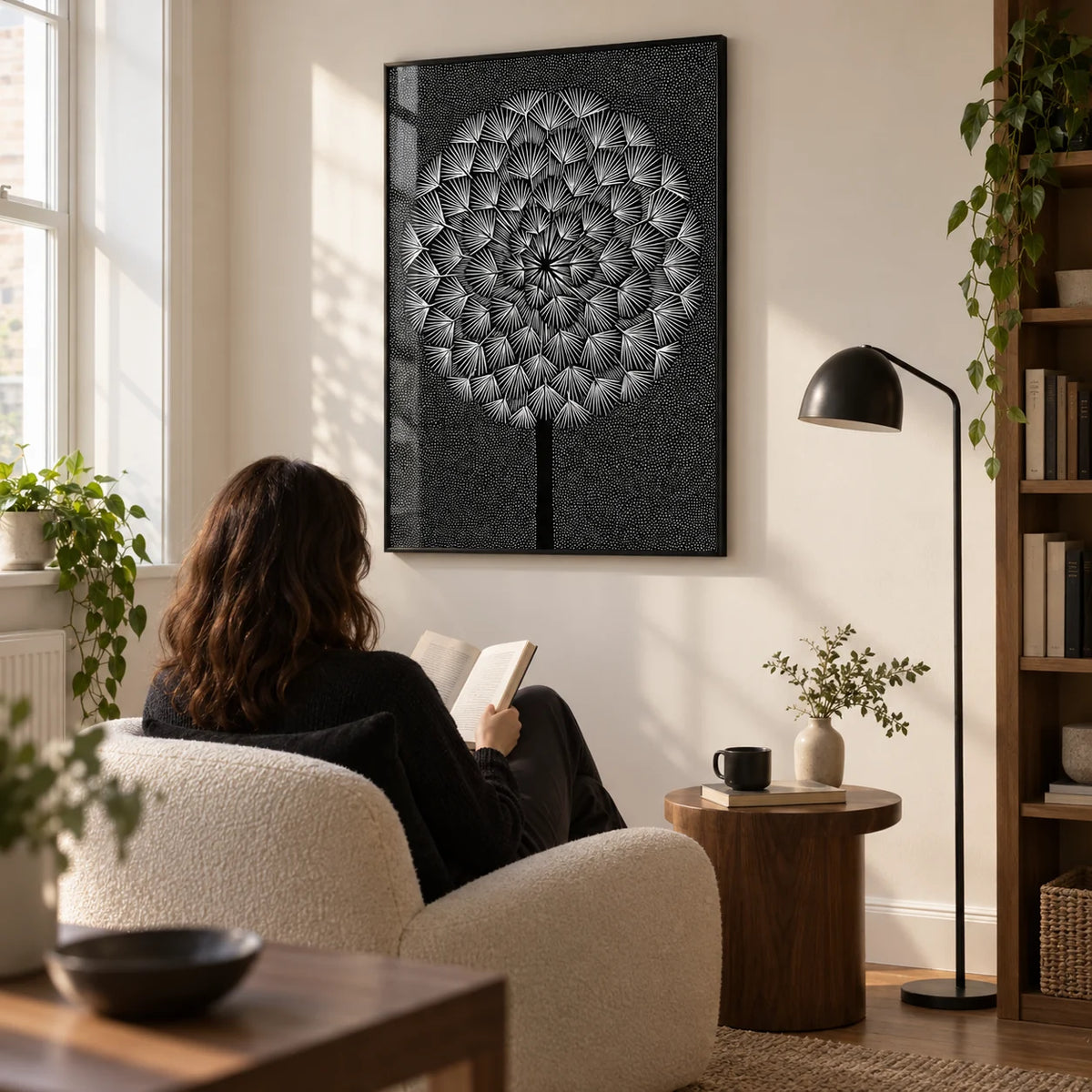 Dandelion Wall Print, framed on the wall of a quiet modern reading corner in a UK flat with a warm white wall in a living room