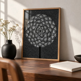 Dandelion Wall Print, a small A4 framed print leaning on a walnut desk