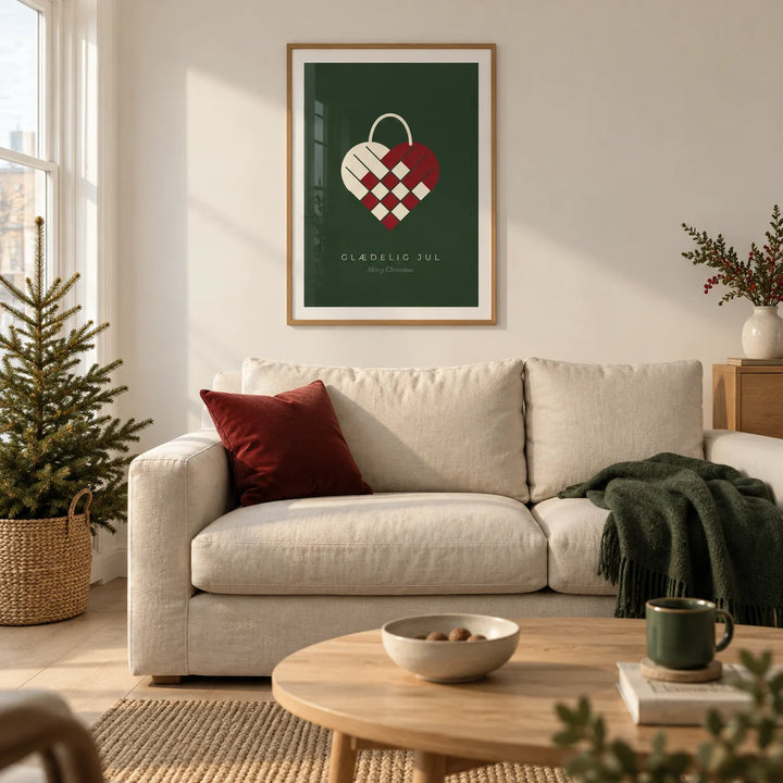 Danish Christmas Print, framed on the wall of a modern Scandinavian living room in a UK terraced house with warm white walls and pale oak floorboards