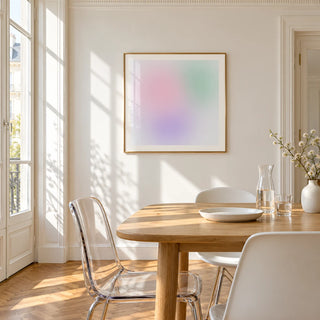 Danish Pastel Print, framed on the wall of a bright dining corner