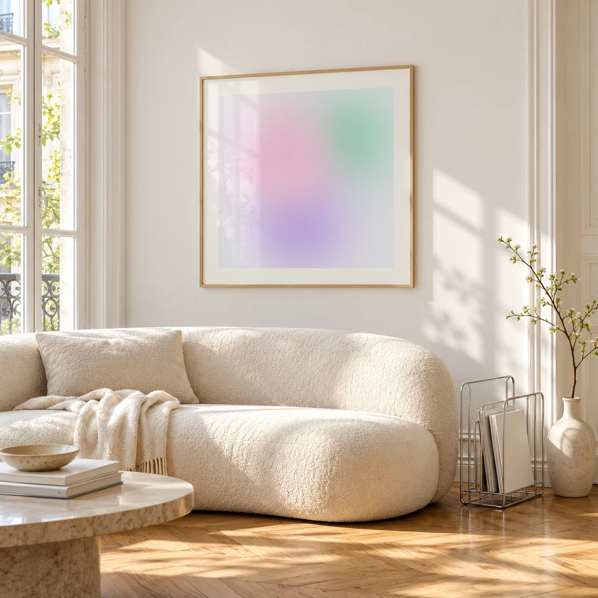Danish Pastel Print, framed on the wall of a bright living room corner