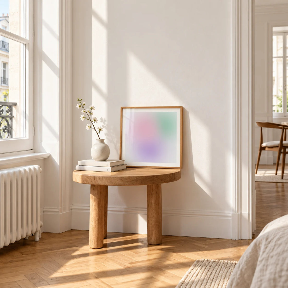 Danish Pastel Print, a small square framed print leaning on a small solid oak side table