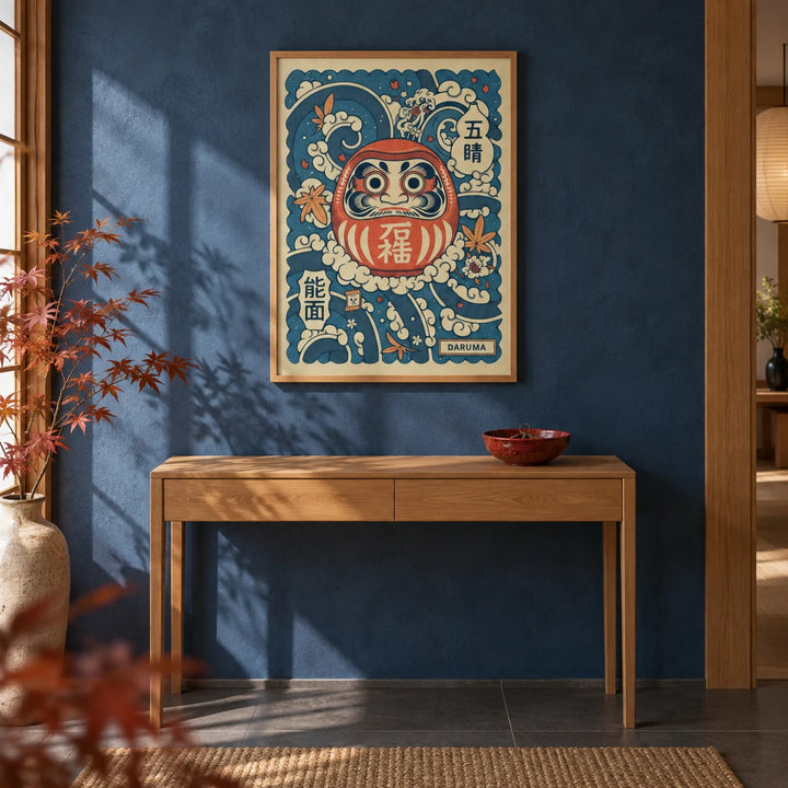 Daruma Art, framed on the wall of a Japanese-modern hallway with an indigo blue limewashed wall