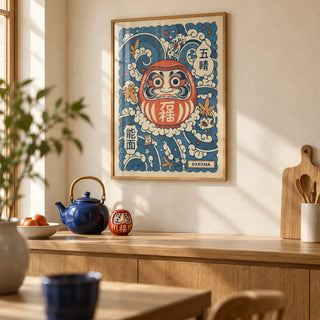 Daruma Art, framed on the wall of a Japanese-modern kitchen with cream plaster walls and plain oak cabinets
