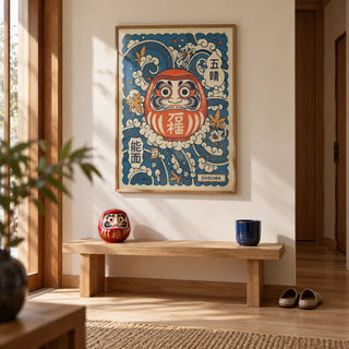 Daruma Art, framed on the wall of a Japanese-style entrance with pale oak floorboards and a cream wall