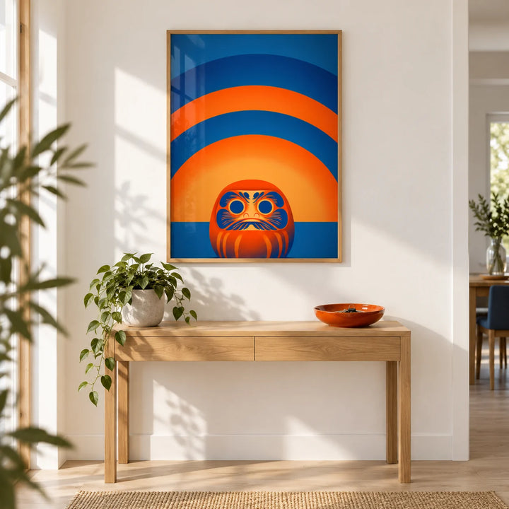 Daruma Doll Wall Art, framed on the wall of a bright modern hallway with a white wall and a pale oak floor