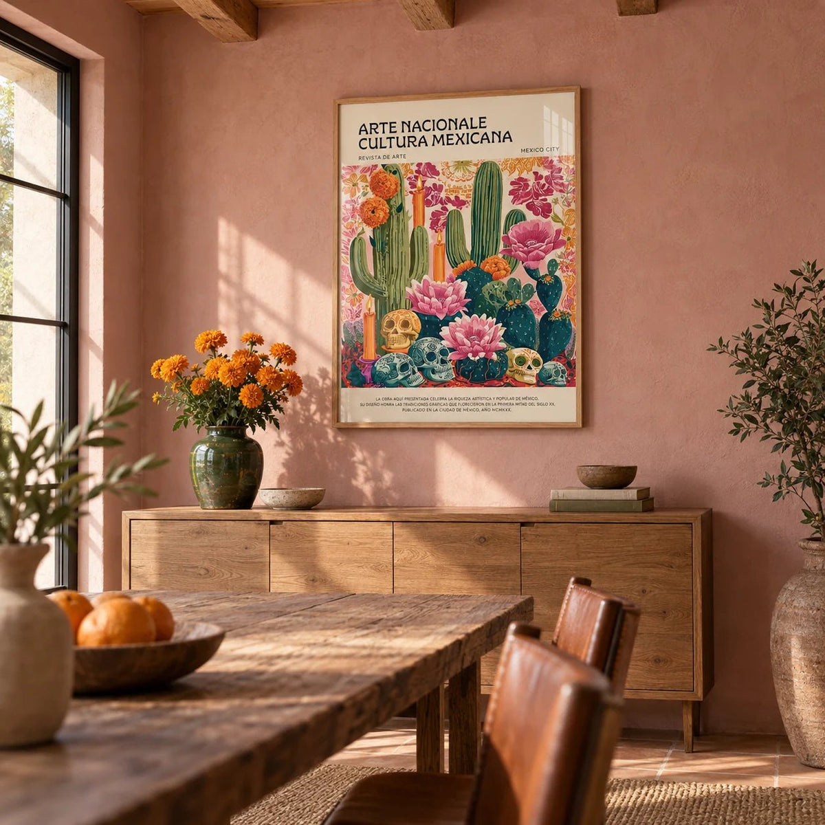 Day of the Dead Wall Art, framed on the wall of a Mexican-modern dining room with a dusty pink limewashed wall and wooden ceiling beams
