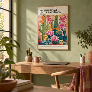 Day of the Dead Wall Art, framed on the wall of a Mexican-modern home office with a soft green limewashed wall