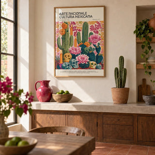 Day of the Dead Wall Art, framed on the wall of a Mexican-modern kitchen with smooth warm white plaster walls and a plain terracotta floor