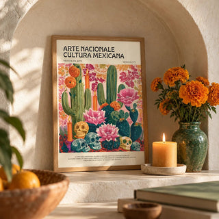 Day of the Dead Wall Art, a small A4 framed print leaning on a shelf in a living room