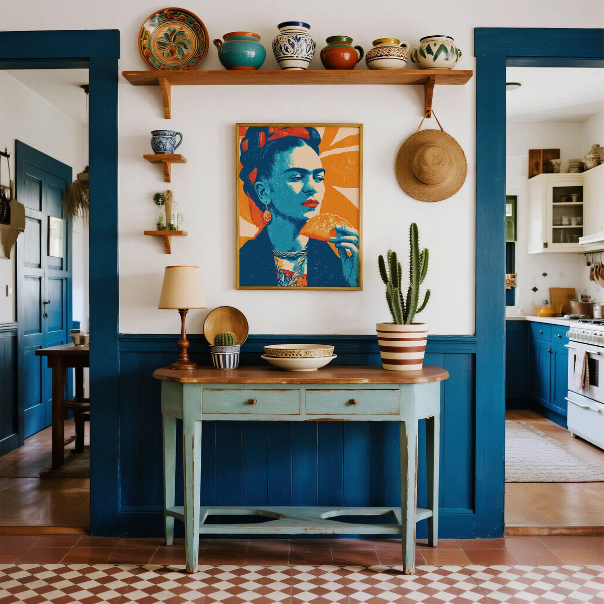 Taco print on a wall in a kitchen with a cactus on a wooden side table