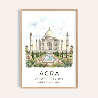 Framed print close-up of the Agra Historical Poster showing Taj Mahal in watercolour with garden detail