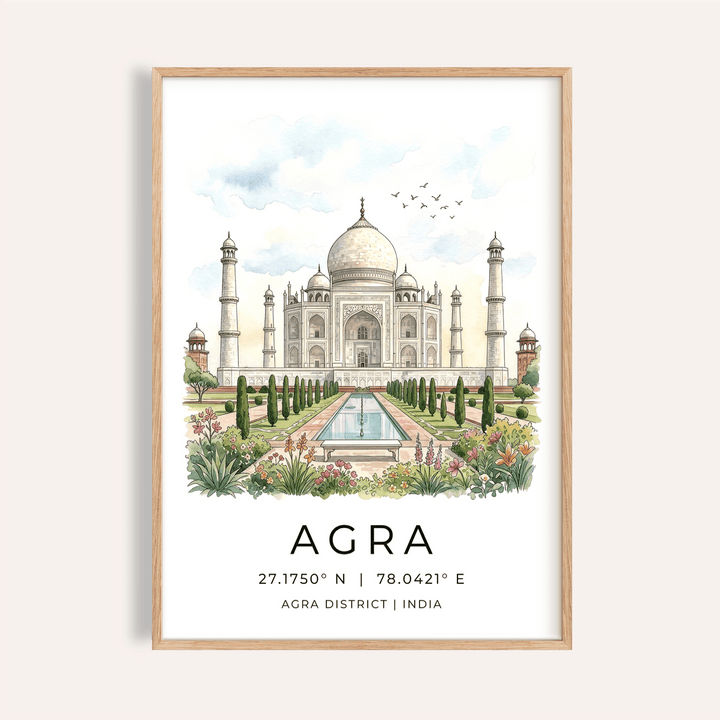 Framed print close-up of the Agra Historical Poster showing Taj Mahal in watercolour with garden detail