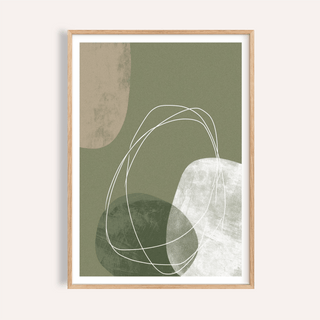 Framed Modern Organic Print with abstract shapes in green beige and white on a cream background