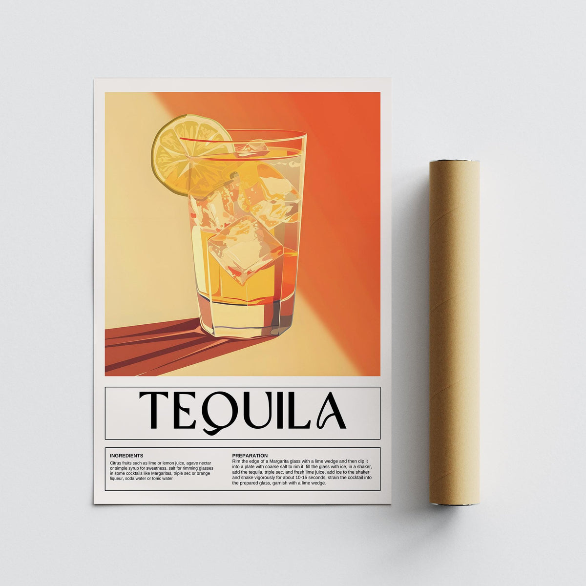 Flat print of a tequila cocktail illustration with orange and yellow shades next to a brown packaging tube
