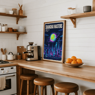 Shanghai Masters Tennis Print leaning on kitchen countertop with a coffee machine and oranges
