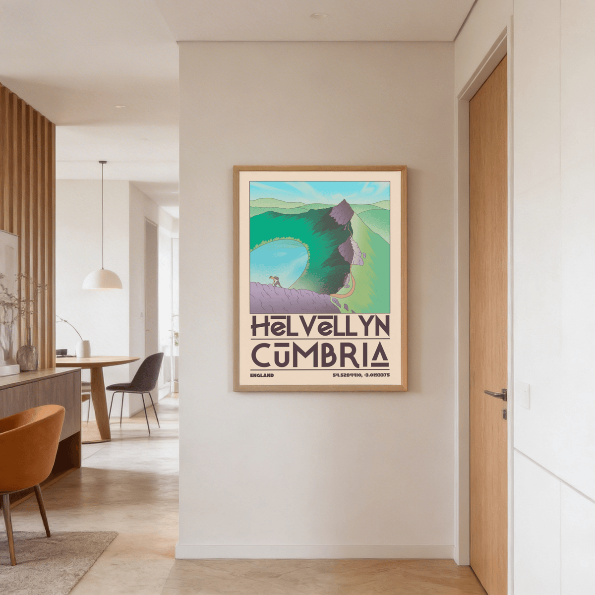 Helvellyn Cumbria wall art of a mountain hiker with green hills and a blue lake in a hallway