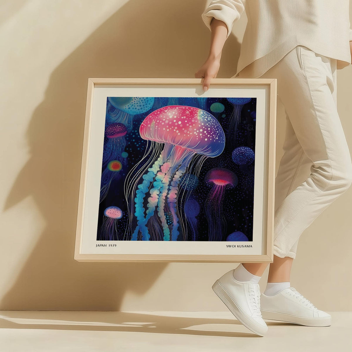 Framed Wall Art Jellyfish held by a person showing glowing jellyfish in pink blue and purple hues