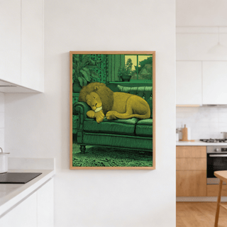 Sleeping Lion Print framed print close-up of a yellow lion on a green sofa in a white kitchen