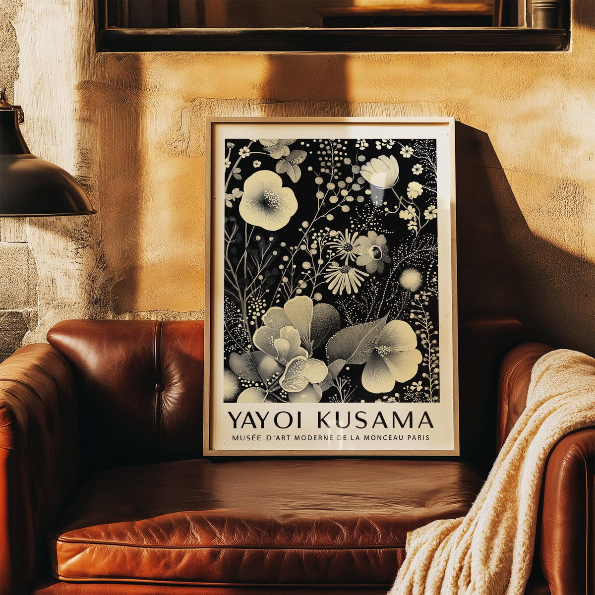 Framed print of large floral wall art with ivory botanical illustration resting on brown leather armchair