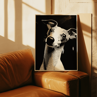 Framed dog art print of a whippet dog in black and white leaning on a brown leather sofa