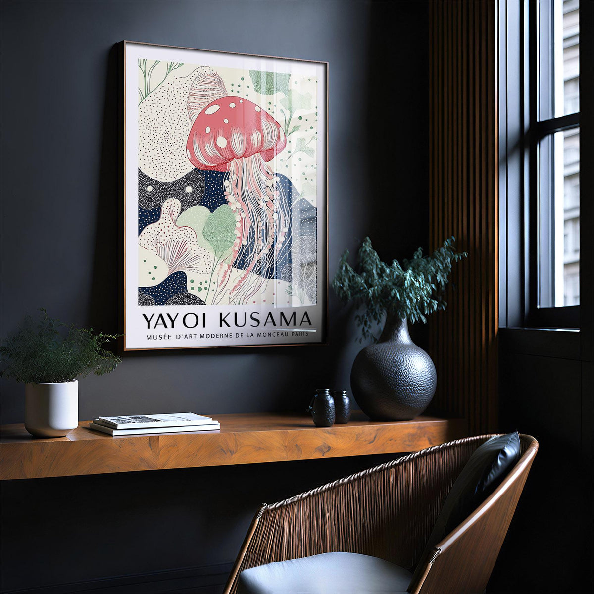 Unique Large Wall Art of a pink jellyfish line-art in a dark room with a wooden shelf and plants