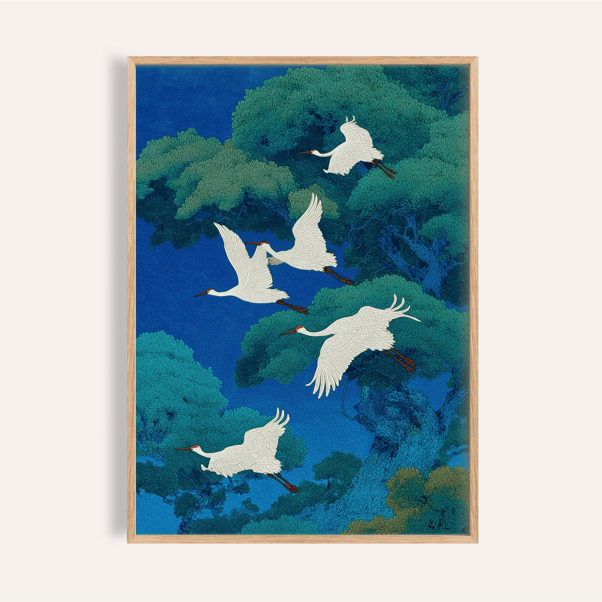 Bird Art Print of flying white cranes over green and blue trees in a Japanese ink style