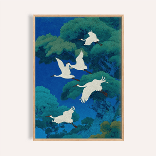 Bird Art Print of flying white cranes over green and blue trees in a Japanese ink style