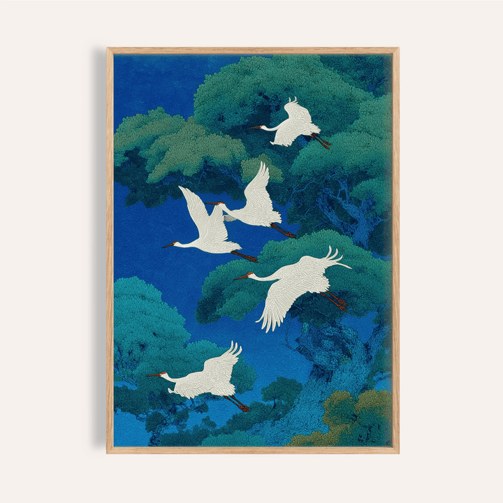 Bird Art Print of flying white cranes over green and blue trees in a Japanese ink style