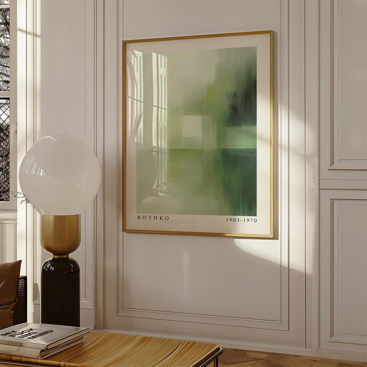 Framed Olive Green Wall Art with minimalist abstract shapes in a neutral room with a lamp nearby