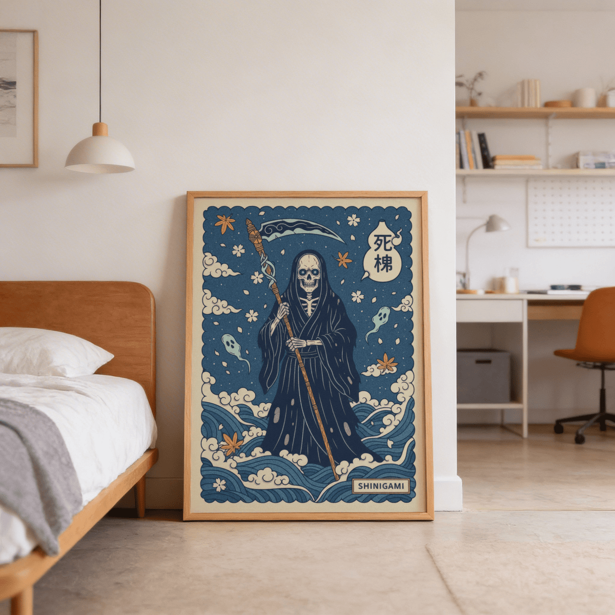 Print leaning on a floor showing a shinigami art with a dark robe and scythe beside a bed