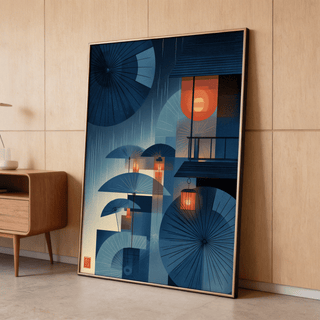 Print leaning on a floor with Japanese umbrella wall art in blue and orange tones near a wooden cabinet