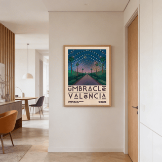 Poster Valencia wall art illustrating a Spanish pathway with arches and trees in a hallway