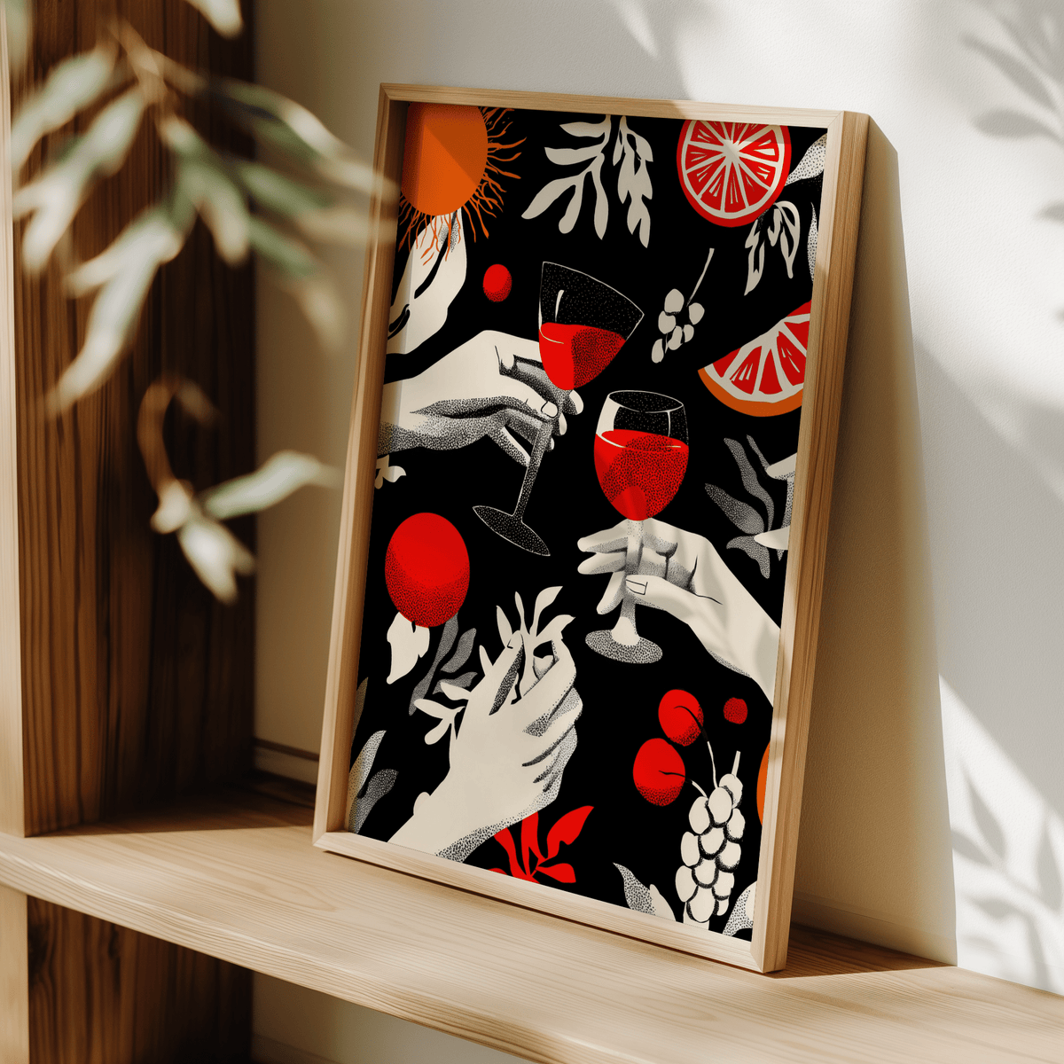 Print leaning on a shelf showing hands toasting with red wine glasses in minimalist style