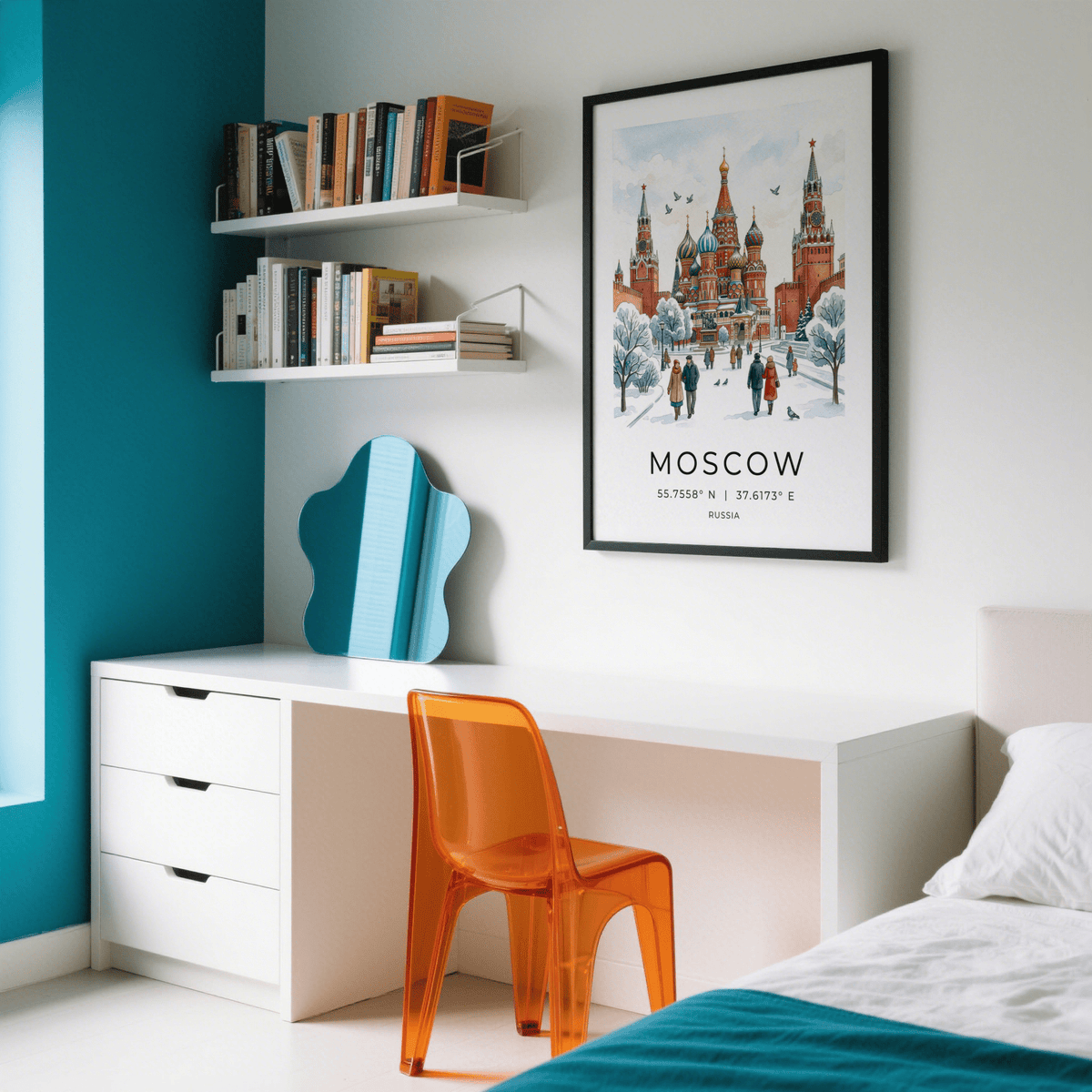 Moscow City Art Print hanging above a desk with an orange chair and blue wall accent
