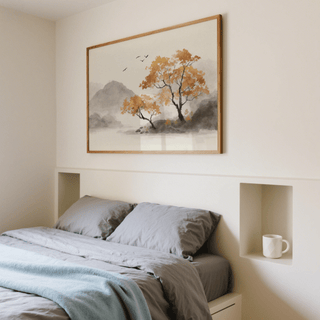 Autumn Tree Art Print hanging above bed with grey bedding in a bedroom