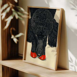 Print leaning on a shelf of black poodle with red shoes in a contemporary illustration style