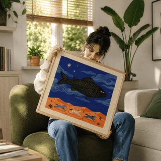 Framed whimsical fish art print with a flying black fish and colourful horses held by a person