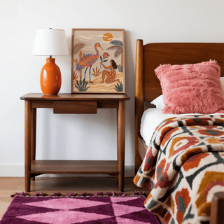 Tropical Bird Artwork print leaning on a wooden bedside table with an orange lamp in a bedroom